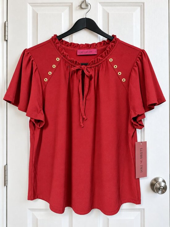 love scarlett Tops - Sun-Dried Tomato Ruffle Tie Neck Blouse Gold Eyelet Short Sleeve Size L/G